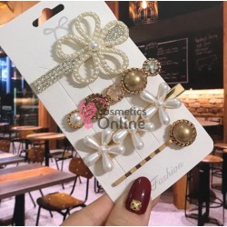 Clema pentru par metalica AGF013EE - Auriu cu Perle si Strasuri, Set 4 bucati